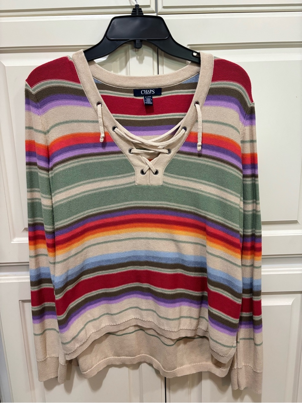 Chaps Multicolor Lace-Up Stripe Knit Top - Sage, Red & Purple